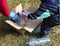 A woman and a child collect dirty plastic in a paper box. Ecological education