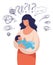 A woman with a child in her arms asks herself many questions. Conceptual illustration about postpartum depression, help