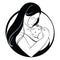 Woman with a child. Logo of a young mother with a baby in her hands. Black and white illustration of a mother hugging