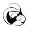 Woman with a child. Logo of a young mother with a baby in her hands. Black and white illustration of a mother hugging