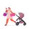 Woman with child in protective mask running with shopping bags black friday big sale coronavirus quarantine