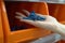 A woman chooses corrugated plastic plugs in a store of construction goods