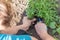 A woman chooses tomato seedlings for planting in the ground for growing tomatoes