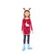 Woman in Christmas Headband Reindeer Antler. Girl in red jumper with image of white bunny and snowflakes isolated