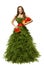 Woman Christmas Tree Dress, Fashion Model Girl Presents on White