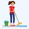 Woman cleaning dirty room with a mop