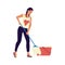 Woman cleaning floor with mop. Cartoon female character mopping. Isolated girl washing room with brush and bucket. Maid
