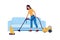 Woman cleaning floor with vacuum cleaner. Female vacuuming carpet. Cartoon maid using household cleanup equipment