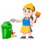 Woman cleaning garbage and holding brush to garbage bin