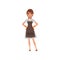 Woman from cleaning maid service. Pretty brunette girl standing with arms akimbo. Cartoon female character in dress