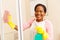 Woman cleaning shower door