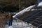 Woman cleaning snow covered solar panels on a bright and cold winterâ€™s day.