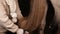 A woman cleans and combs the tail of a horse in a stable. pet care.