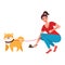 A woman cleans dog excrement of a special shovel. The concept of cleaning feces while walking dogs. Vector illustration of Pets