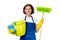 Woman cleans the house. The woman is holding a mop and a bucket and gloves and a cleaning sponge