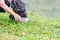 A Woman cleans up by picking up plastic bottles at a natural water reservoir. Concept of protecting the environment, saving the