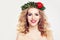 Woman with Clear Skin, Curly Hair and Flowers Wreath