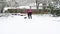 Woman clearing snow off a snow-covered driveway with a snow shovel, snowing in a residential front yard garden