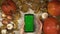 Woman clicks on a green screen smartphone in vertical orientation in the middle of fall decoration