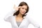 Woman with closed eyes hand gun gesturing