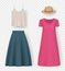 Woman clothes. Realistic fashioned accessories for girls skirt sneakers blouse hat pants decent vector 3d illustrations