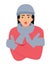 The woman is cold with hat and scarf vector illustration. Girl get sick sneezing from flu. Healthcare and winter concept. Freezing