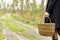 Woman collecting mushrooms in dark peaceful forest, escape from the city, mushroom harvest.