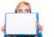 Woman college student girl holds clipboard with blank