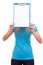 Woman college student girl holds clipboard with blank