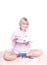 Woman in colorful strip socks reading a book