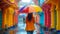 Woman with Colorful Umbrella on Vibrant Street. Generative ai