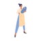 Woman combining roles of mother with baby, housewife in apron and businesswoman. Concept of multitasking women life with