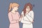 Woman comforting girl friend is sad and stressed after bullying or toxic relationship. Vector image