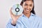 Woman, compact disk and smile in studio portrait for programming, software and information technology. Young indian girl