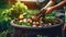 A woman composting food waste. Outdoor compost bin for reducing kitchen waste. Environmentally responsible, ecology