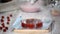 Woman confectioner making raspberry cake in bakery.