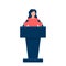 Woman in conference suit on podium, tribune. Speech by people leader, businesswoman, head, teacher. Vector illustration