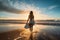 A woman confidently walks along the shoreline of a beach, holding a surfboard, An aerial view of a cargo ship in the ocean,