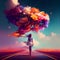 Woman connected to a huge colorful cloud with flowers, positive optimistic attitude, hope and emotion concept