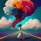 Woman connected to a huge colorful cloud with flowers, positive optimistic attitude, hope and emotion concept, generative AI