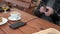 A woman connects her phone to a power bank for charging in a cafe