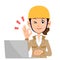 A woman in the construction industry who operates a computer with an OK sign , beige clothes