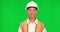 Woman, construction and presentation, green screen and advertising with architecture information on studio background