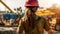 A woman construction professional, wearing a safety helmet. Generative AI