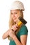 Woman with constructor helmet and hammer happy to do tough work.