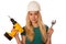 Woman with constructor helmet and tools happy to do tough work.