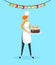 Woman Cook in Apron Holding Birthday Cake in Hands