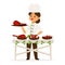 Woman cook chef presents luxury ham, restaurant catering vector illustration