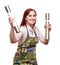 Woman cook holding salt and pepper mills