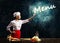 Woman cook touch glowing word menu